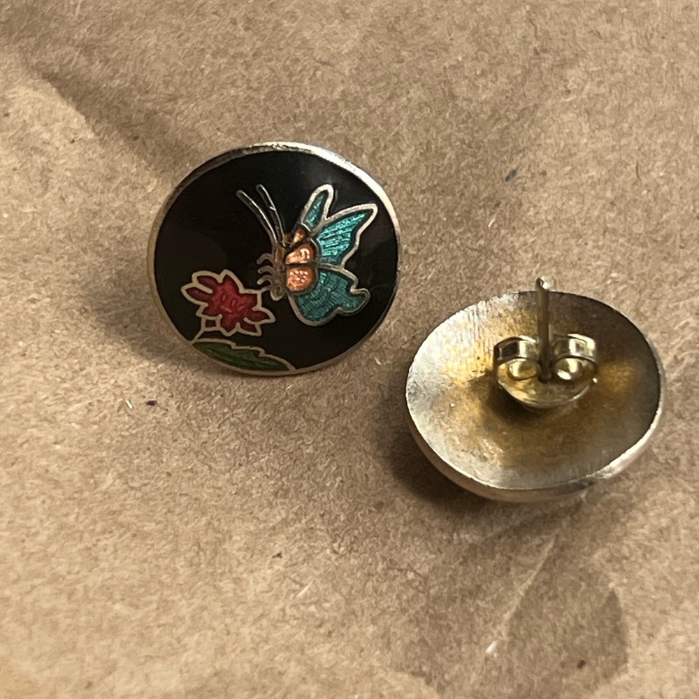 VTG Cloisonné Butterfly floral Earrings Enamel